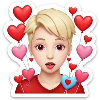 A cross eyed unisex with their tongue out far with Valentine’s Day decor/hearts around sticker