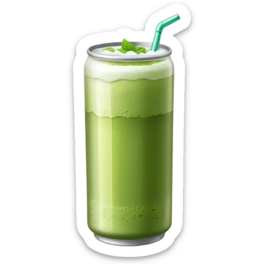 Create an emoji-style illustration of a tall, transparent can-shaped drink filled with iced matcha. The top is sealed with a silver metal pull-tab lid. The drink has a green matcha layer on top that gradually fades into a milky white layer at the bottom. The can is sleek and minimalist. sticker