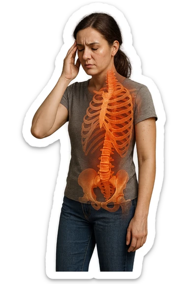 donna stanca a figura intera che si tiene una mano sulla tempia con spina dorsale anatomica visibile, iperrealistico 4k sticker