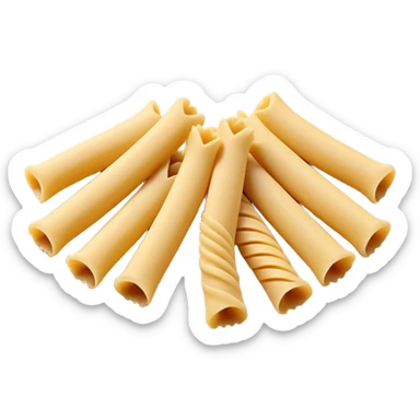4 pieces of uncooked pasta (penne, fusilli, farfalle), arranged cleanly, smooth matte surface, golden beige, dry and slightly curved, 3D-rendered, minimal, no faces sticker