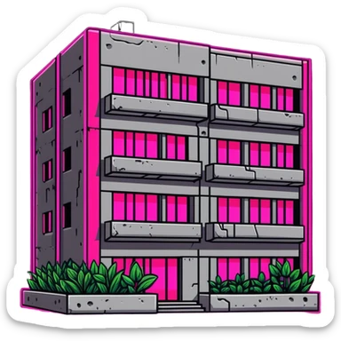 Soviet-era concrete panel apartment building with bright neon pink glow from a window where plants are growing sticker