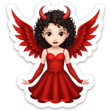 Pretty Long dark curly hair, slanty brown eyes, devil fairy with big wings and isolated dress sticker