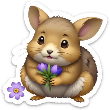 small round pika on all fours, turned at an angle, with a little light purple flower in its mouth sticker