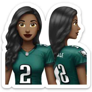 White female long dark hair red lips wearing Philadelphia Eagles jersey sticker