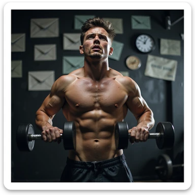 realistic, dramatic lighting; man in gym, not very muscular, lifting weights, face shows high anxiety and stress, sweat, background with visible thought symbols (emails, clocks, arguments, money), expressive posture, focus on psychological pressure sticker