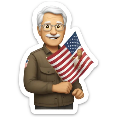 older man holding small american flag, waiving, brown hair and SENSOS written on wall behind him sticker
