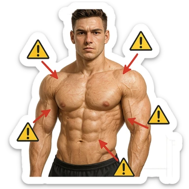 25-year-old bodybuilder with low collagen, hyper realistic style, defined muscles, skin with highlighted areas showing low collagen, red arrows and warning symbols, clinical atmosphere, white background sticker