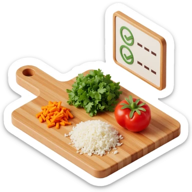 Ingredients on teh wooden cutting board with floating list with check box sticker
