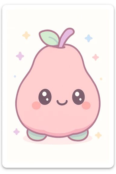 adorable guava-shaped stuffed animal, fuzzy texture, smiling expression, kawaii style sticker
