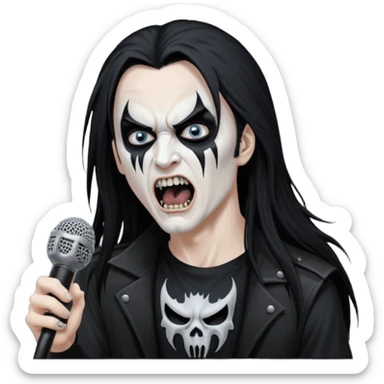 Black metal musician with corpse paint, long hair, screaming with mirophone sticker