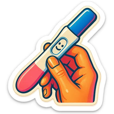 pregnancy test in hand with smile on test, retro stickers style, soft rounded shapes, expressive contours, vintage color palette, light paper texture, shadows and highlights, transparent background sticker