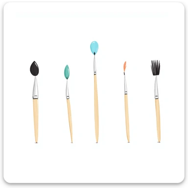 Set of artist paintbrushes in different sizes and shapes with wooden handles and colorful bristles. Using specific pastel colors (dd9fb0, ffc6d3, a3bfc9, c4bee2, f1b091). Hand-drawn doodle style with intricate details. Some brushes have paint on their tips. Transparent background. sticker