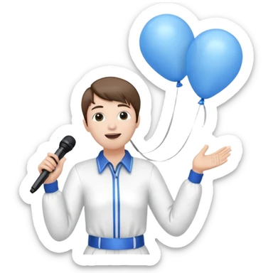 Stud singing 1,2,3 release em with white and blue balloons flying overhead emoji like with mic in hand  sticker