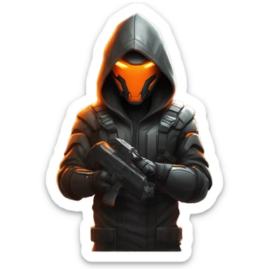  developer behind his laptop with this style : crysis Cyberpunk Valorant orange glowing bright orange character orange black hooded assassin themed character sticker