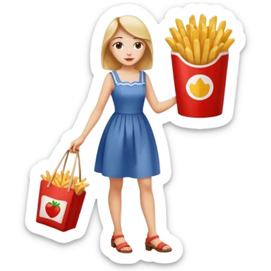 a young woman full length with cola in one hand and french fries in the other hand and a painting under her arm walking left sticker