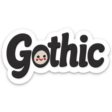 the word 'Gothic' in bold black playful script font, kawaii style, no outline, 3D paper-craft effect sticker