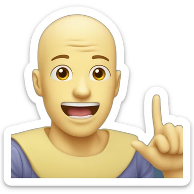 a bald yellow emoji with freckles and a round head pointing the index finger skywards. It has two prominent upper incisors, while the lower incisors are hidden by the lower lip. sticker