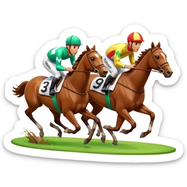 A 3D cartoon horse race scene with jockeys in motion, grassy track, bright daylight, Memoji-style rendering. sticker