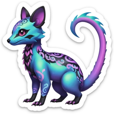 Rare neon iridescent white exotic cute epic aesthetic gothic colorful Salandit-Eevee-Civet-species-Fakemon-hybrid-creature, with intricate tattoo markings, full body sticker