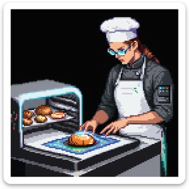 Ein futuristischer Bäcker mit holografischen Zutaten, Laserpräzision und einem Ofen, der mit Lichtstrahlen arbeitet. Interface wirkt wie Glas mit Lichtreflexen, Buttons wie Touchpads mit haptischem Feedback. sticker