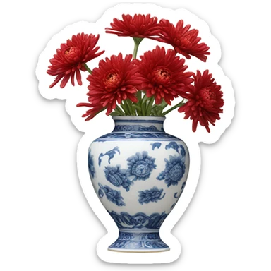 A Victorian oil painting of red chrysanthemums in a delicate porcelain vase on a lace-covered table. sticker