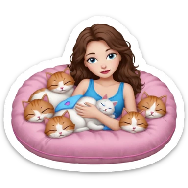 girl with long wavy brown hair, blue eyes, long lashes makeup, sexy pink lips, sleeping on a cozy pillow with 6 cats sticker