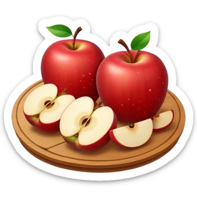 A round wooden board on which there are three whole apples and one apple, cut into two halves and several slices, with sparkles sticker