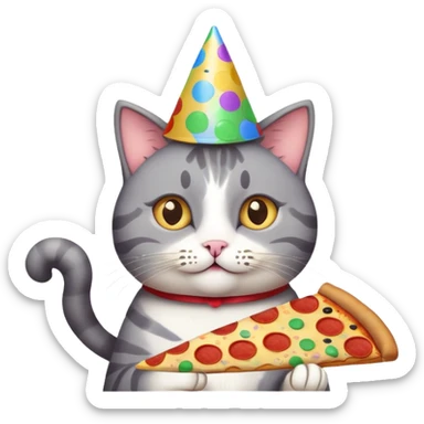 cat with a party hat, confetti around, holding a slice of pizza, college party vibe sticker
