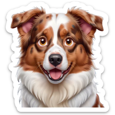 Cinematic Comical Predominantly White Red Merle Australian Shepherd Portrait Emoji, Head tilted dramatically with an exaggeratedly shocked or offended expression, predominantly white fur with distinctive red merle patches, wide, expressive blue eyes filled with exaggerated disbelief, Simplified yet hilariously expressive features, highly detailed, glowing with a slightly sassy glow, high shine, dramatic yet playful, stylized with an air of attitude, bright and endearing, soft glowing outline, capturing the essence of a sassy and over-the-top pup, so meme-worthy it feels like it could side-eye its way into internet fame instantly! sticker