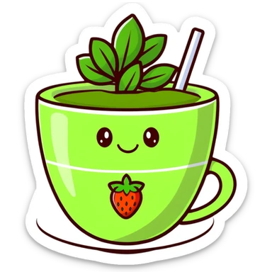cute cartoon strawberry green tea in a cup with a smiling face sticker