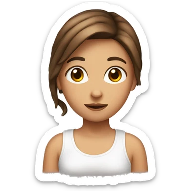 A girl with brown hair and a T-shirt with a shrimp sticker