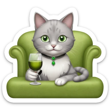 gray Cat sitting On A Couch holding Wine sticker
