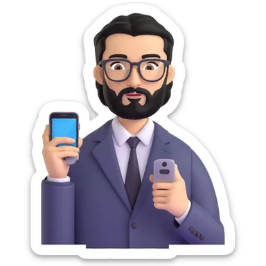 polished standing pose of professional man with medium black beard, black hair styled and combed to one side, connected unibrow, olive tan skin, brown eyes, glasses, prominent nose, dressed in formal black jacket, prominently displaying mobile phone in hand sticker