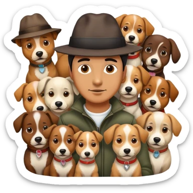A man with 10 dogs with hats on sticker