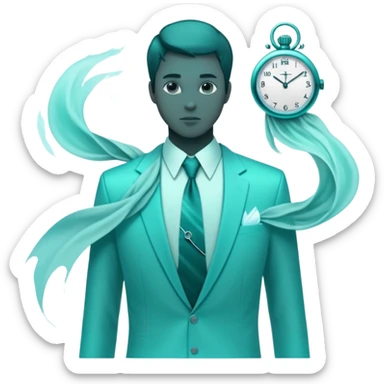 Teal colored ethereal energy forming male silhouette with ghostly floating wardrobe elements like tie, shirt and watch surrounding it, abstract style essence sticker