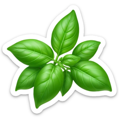 Cinematic Realistic Basil Emoji, Lush and fragrant, with vibrant green leaves that release a fresh, herbal aroma. The soft, glossy leaves are delicately arranged along slender stems, exuding vitality and flavor. Soft glowing outline, capturing the essence of freshness, growth, and aromatic delight in a blossoming basil plant! sticker