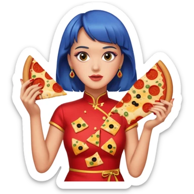 Katy Perry, wearing cheongsam, with pizza sticker