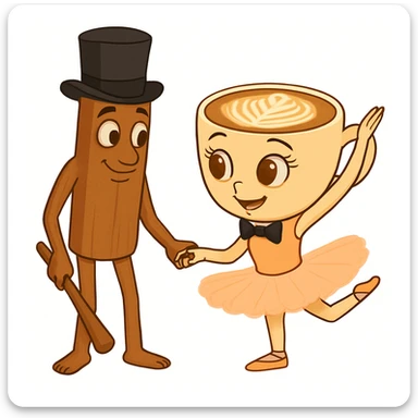Add a bow tie to the coffee cup character and a top hat to the cinnamon stick character in the same quality and style as the original image. sticker