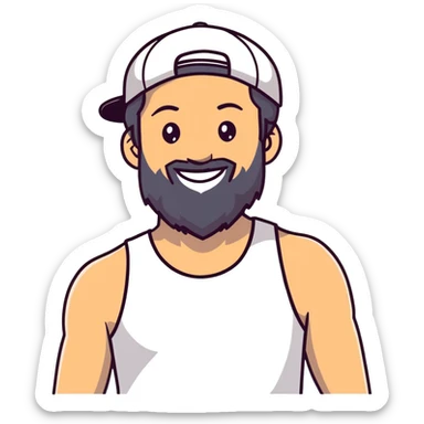 Alex Hormozi, white man with mid-long hair wearing a cap, big beard, smiling, white tank top sticker