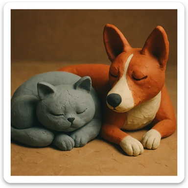 A gray British Shorthair cat curled up and sleeping next to a red Basenji dog sticker