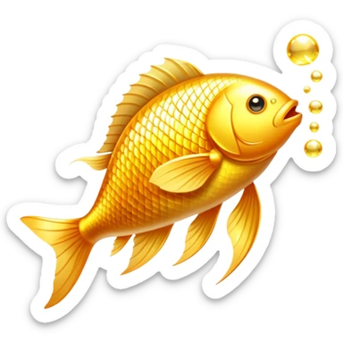 Bright golden fish with radiant glowing scales alongside a shining golden omega-3 capsule. Both elements emitting strong beams of light and sparkles, surrounding them with a brilliant aura. The scene is filled with luminous particles and light rays creating a magical, bright effect. sticker