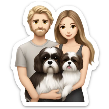 A couple, one very beautiful white  girl with very long volume dark blond hair and one white boy with perfect brown hair that hugs her and also hugs two little dogs shih tzu black and white sticker