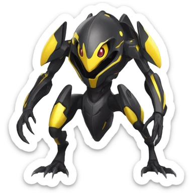 a shiny black-yellow Genesect-Raptor-Fakémon—hybrid with a futuristic visor-helmet full body sticker