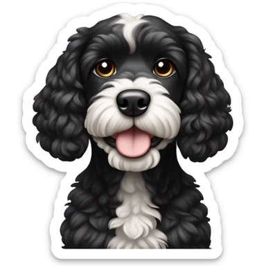 Black cockapoo dog with a white big stripe from the chin to the belly sticker