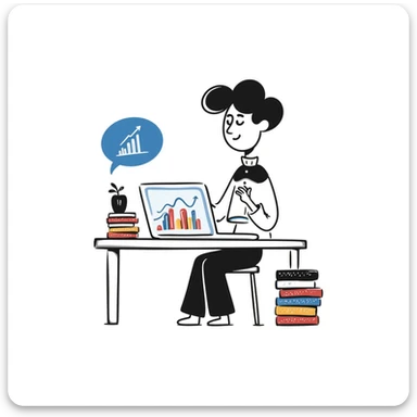 Academic research setup with an open laptop, stack of colorful books, and a rising data chart graph with upward trend. Hand-drawn doodle style with blue laptop screen, multicolored book spines, and a colorful bar chart. sticker