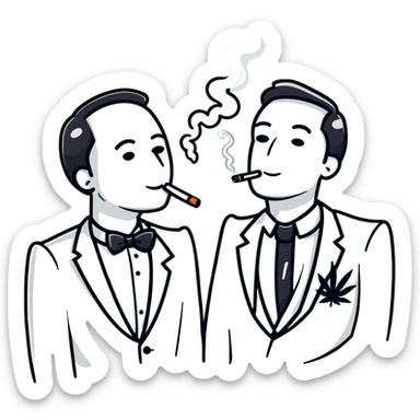 Two men in tuxedos smoking cannabis at a wedding party sticker