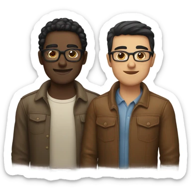 Two men hugging, one white with black hair, one brown with hlasses sticker