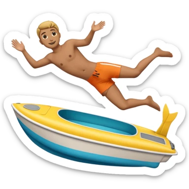 Emoji-style side view of boat with person diving off, rounded cute features, soft shading, colorful, PNG cutout sticker