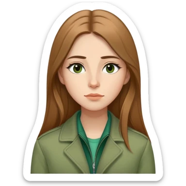 Caucasian girl with elongated face, soft jawline, long straight light brown hair with middle part, almond-shaped brown eyes with black eyeliner, thoughtful expression with slight smile, wearing green jacket sticker