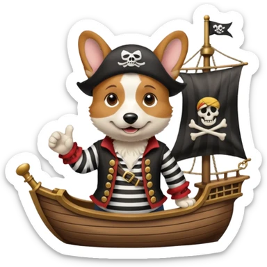 cute pirate corgi with a hook paw and striped shirt, on a pirate ship deck sticker